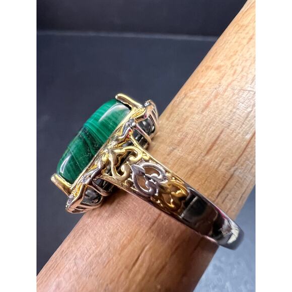 Karis Platinum & 18K Gold Plated Malachite Statement Ring Size 7 - Picture 6 of 16